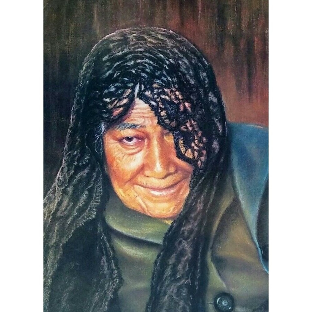 Veiled Woman Vintage Art Print Lithograph 22X28 Black Drink in Hand